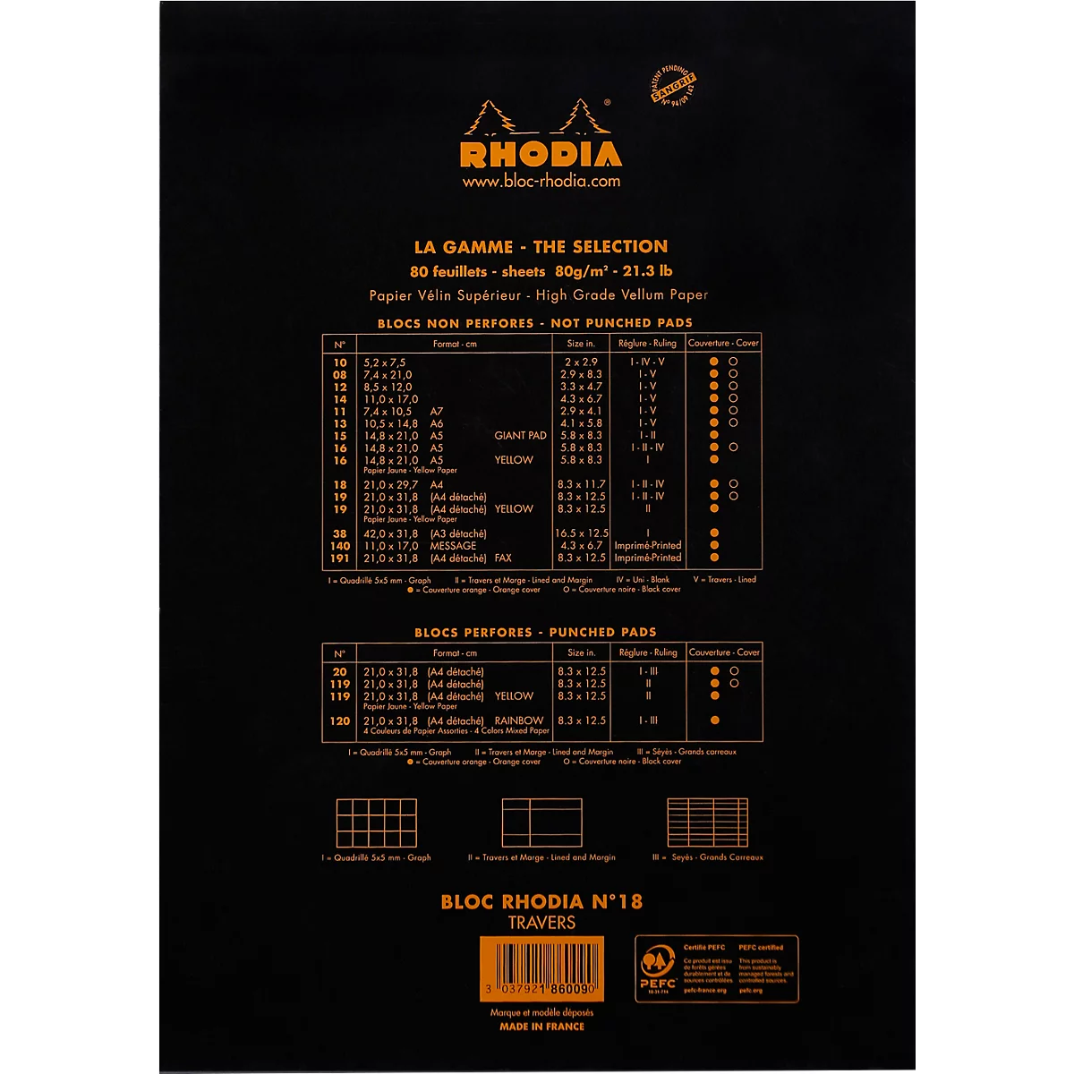 Rhodia Block No.18, 80 feuilles, DIN A4, 80 g/m², couverture cartonnée, agrafé, papier velin, certifié PEFC®, ligné, avec marge, noir