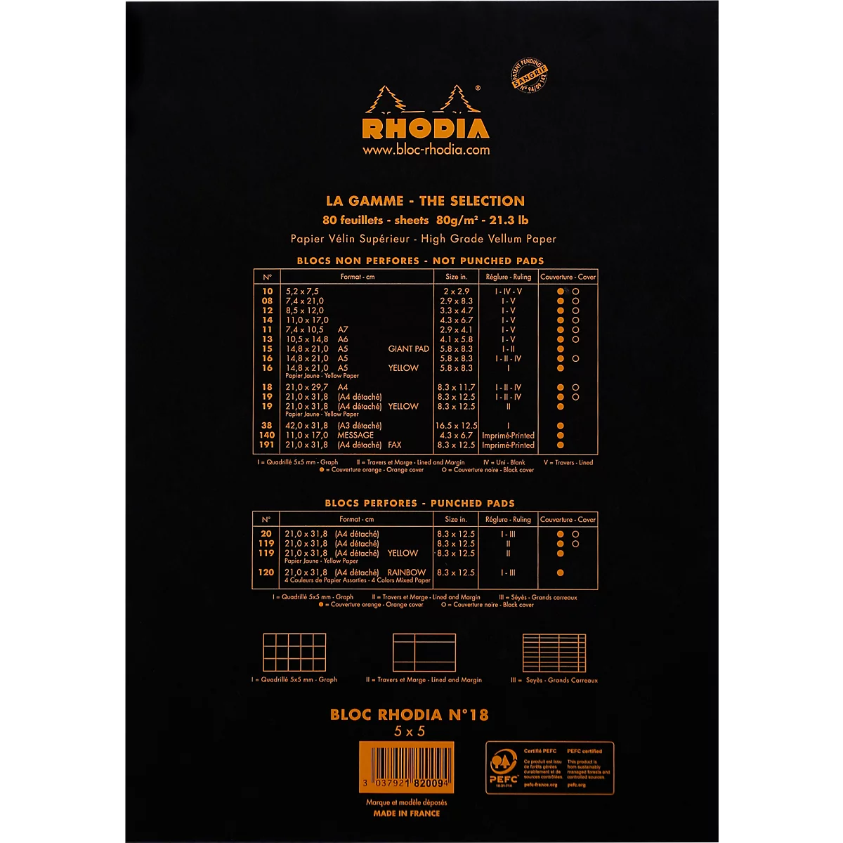 Rhodia Block No.18, 80 feuilles, DIN A4, 80 g/m², couverture cartonnée, agrafé, papier velin, certifié PEFC®, quadrillé, noir