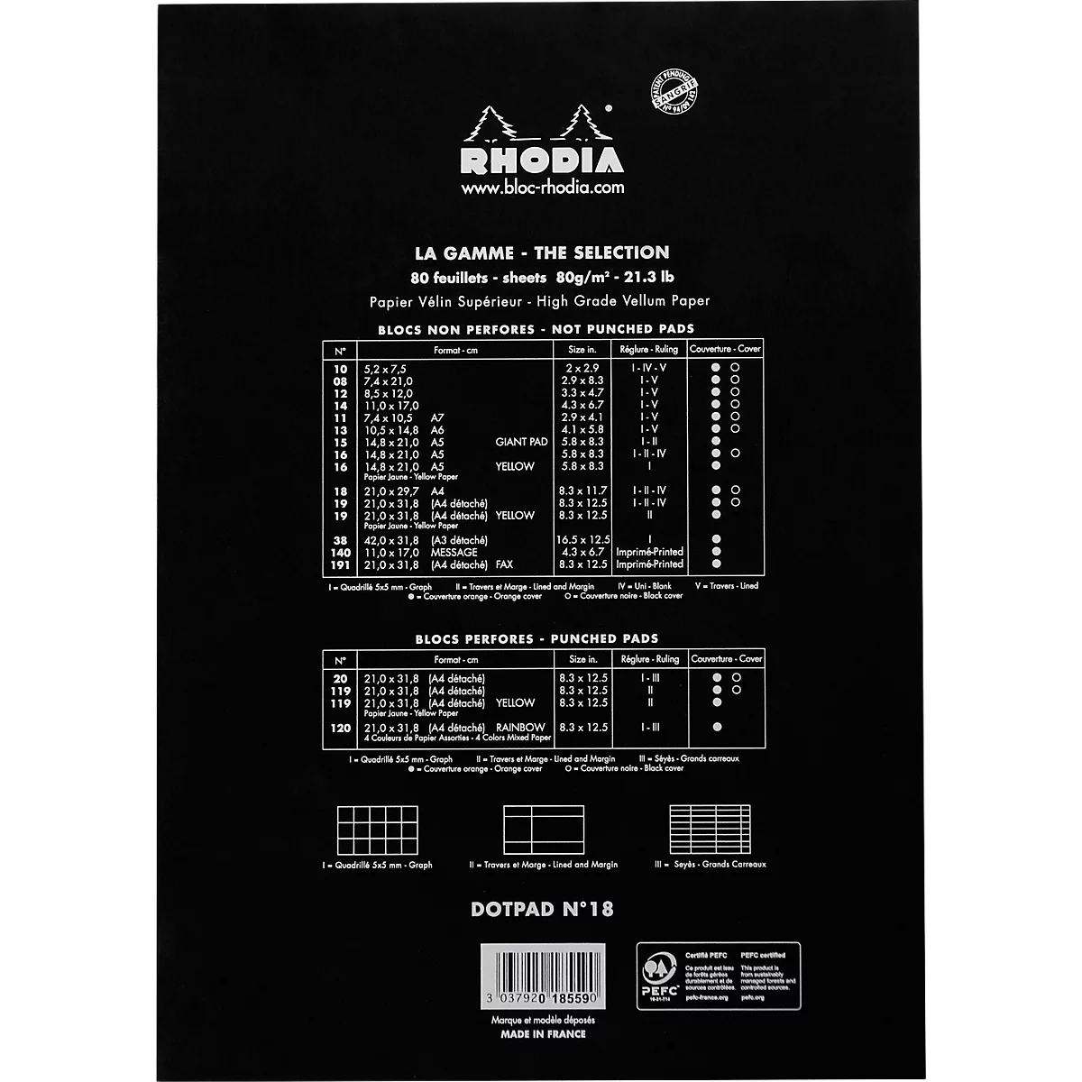 Rhodia Block No.18, 80 feuilles, DIN A4, 80 g/m², couverture cartonnée, agrafé, papier velin, certifié PEFC®, reliure à points, noir