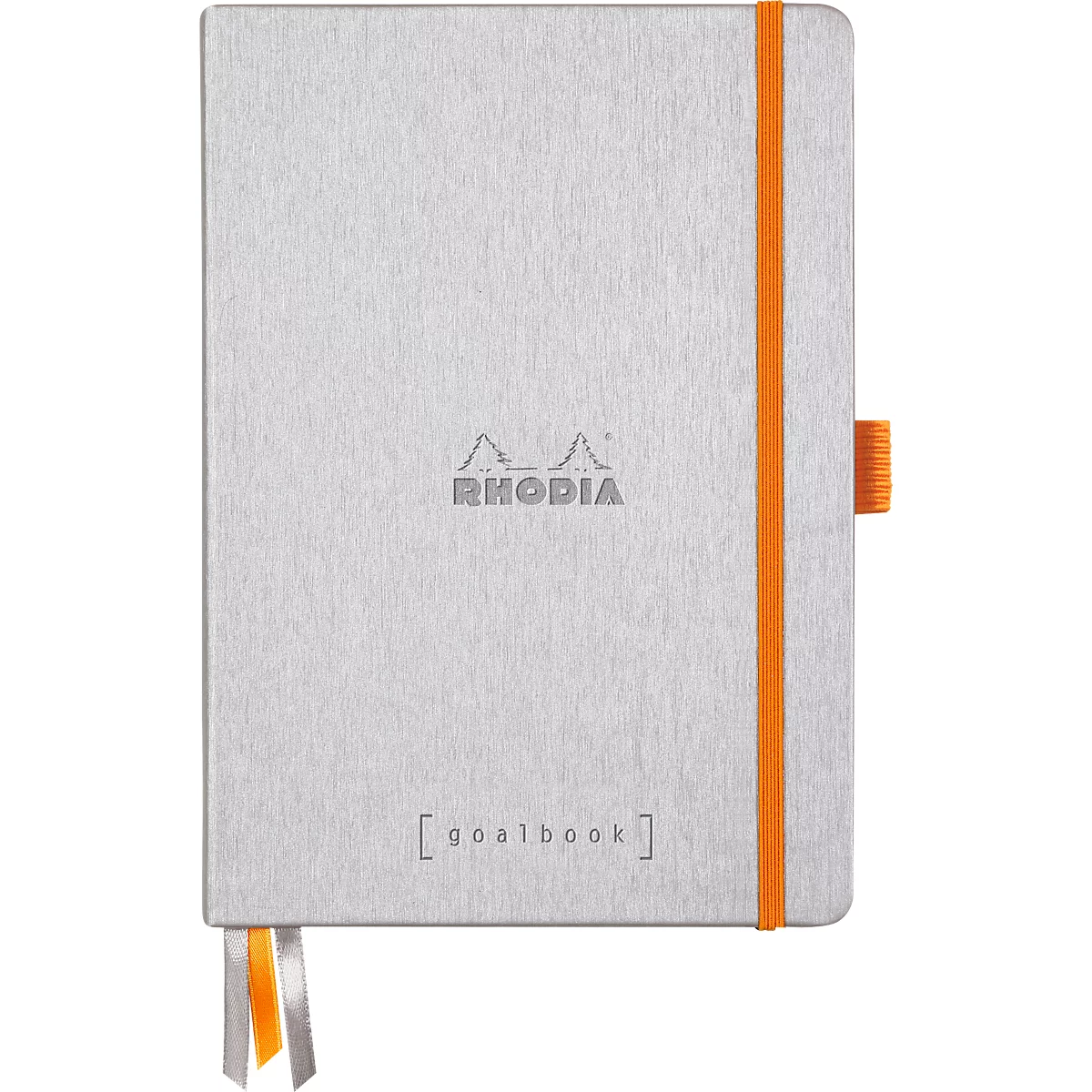 Cahier gris avec élastique orange et marque-page. La couverture porte les inscriptions 'RHODIA' et 'goalbook'.