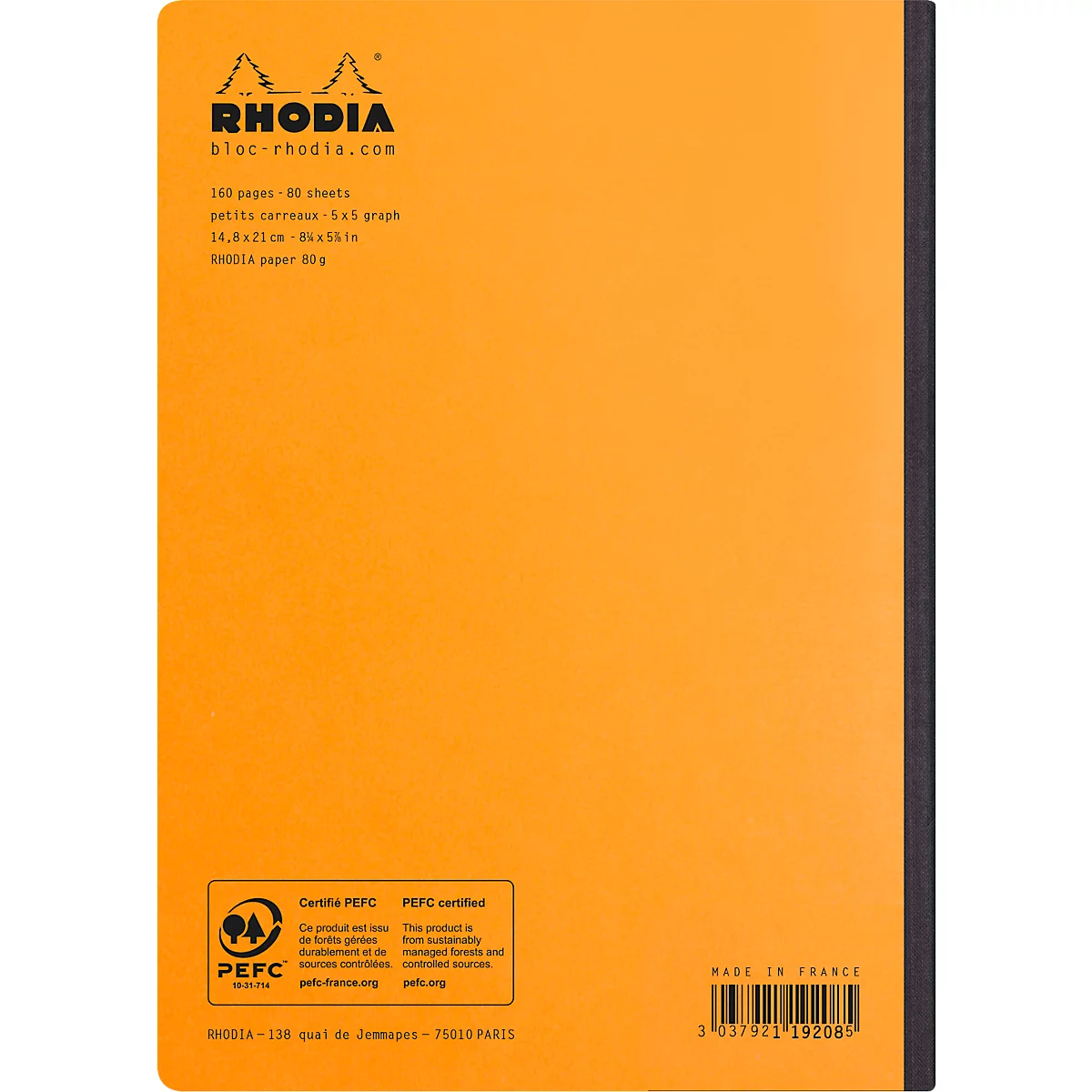 Rhodia Composition Book cahier de notes, 80 feuilles, DIN A5, 80g/m², relié par fil, quadrillé, orange