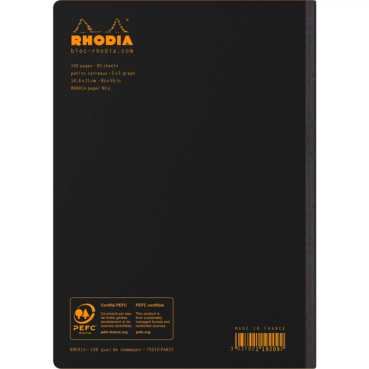 Rhodia Composition Book cahier de notes, 80 feuilles, DIN A5, 80g/m², relié, quadrillé, noir