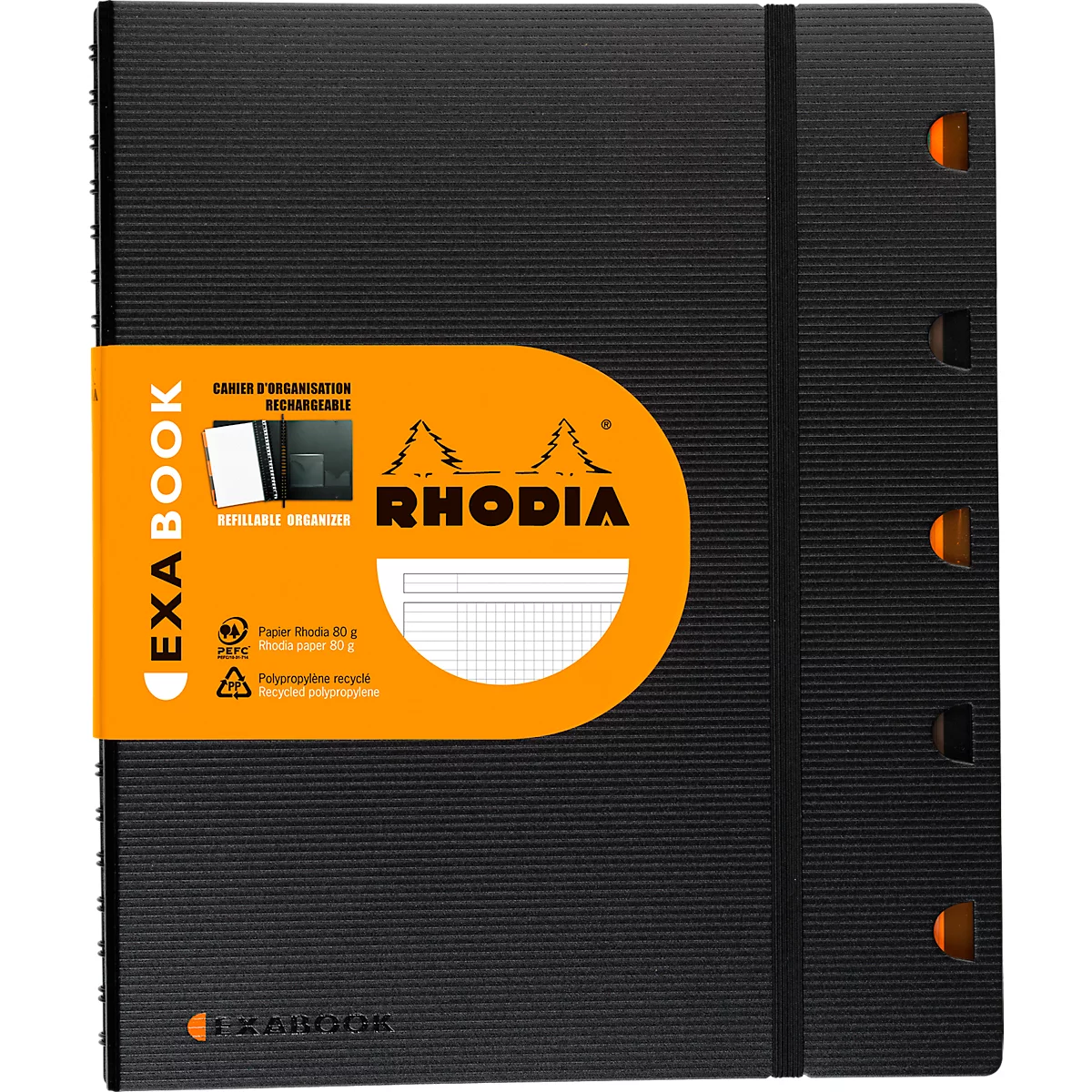 Rhodia ExaBook Notizblock, 80 Blatt, DIN A4+, 90 g/m², Doppelspiralbindung, Trennblätter, Lineal, Innentasche, kariert, mit Rand und Rahmen