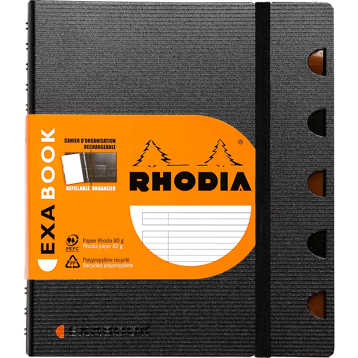 Rhodia ExaBook Notizblock, 80 Blatt, DIN A5+, 90 g/m², Doppelspiralbindung, Trennblätter, Lineal, Innentasche, liniert, mit Rahmen