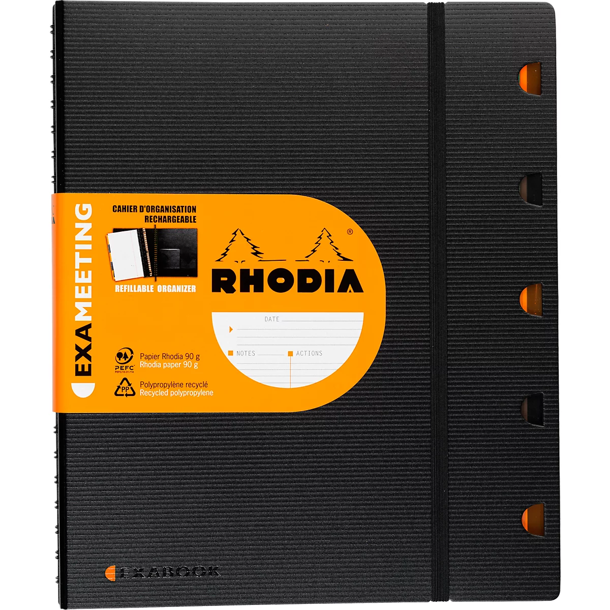 Rhodia ExaMeetingBook carnet de notes, 80 feuilles, DIN A4+, 90 g/m², couverture rigide, reliure à double spirale, intercalaires, règle, ligné