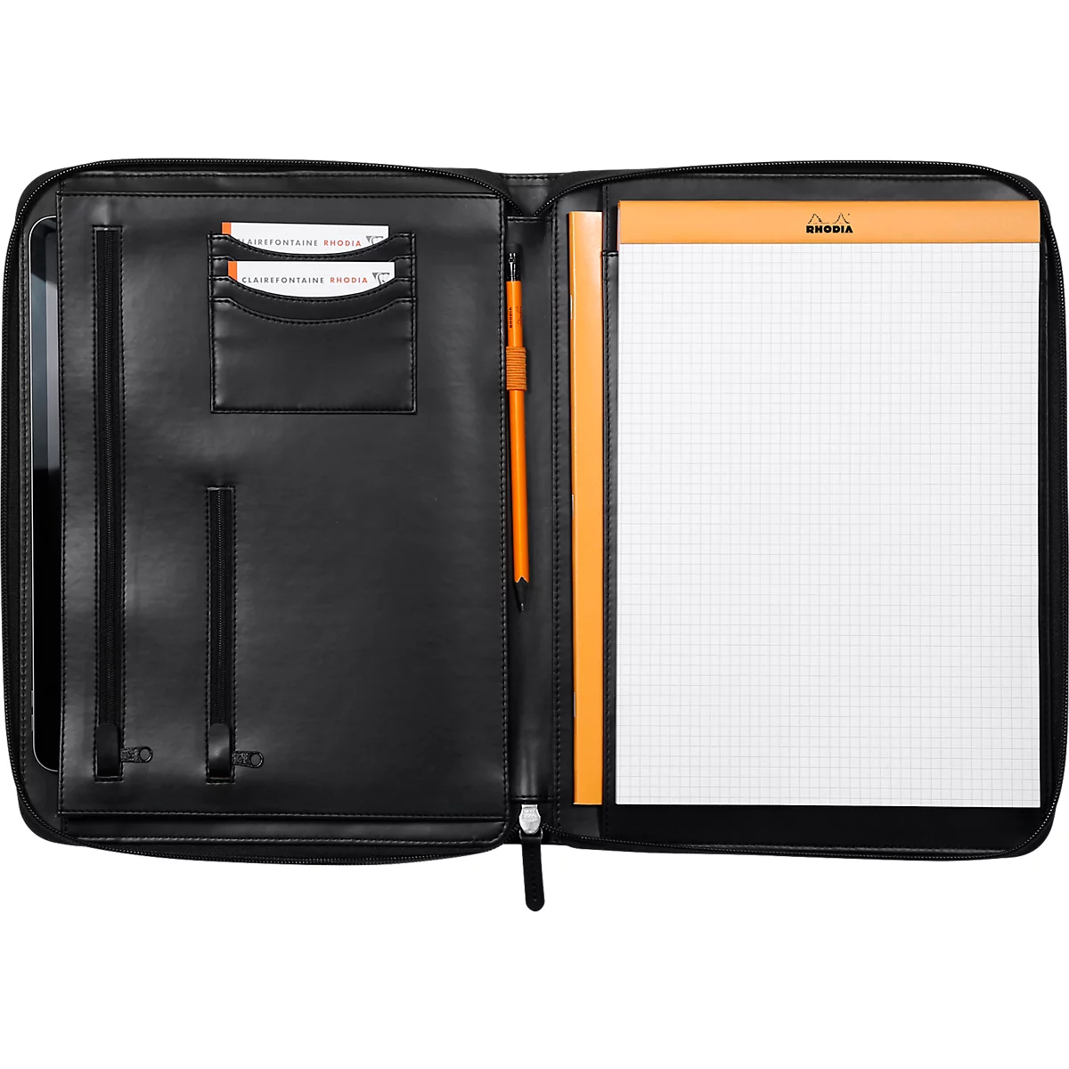 Rhodia Konferenzmappe, DIN A4, 255 x 340 mm, Reissverschluss, Kunstleder, Kartenfächer, Stiftehalter
