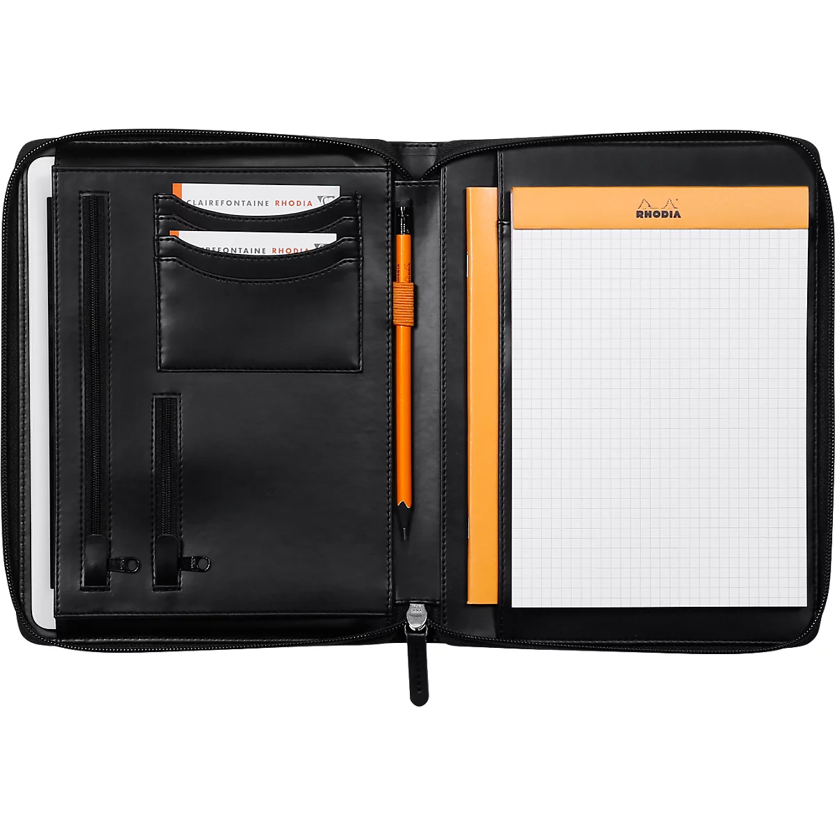 Rhodia Konferenzmappe, DIN A5, 195 x 255 mm, Reissverschluss, Kunstleder, Kartenfächer, Stiftehalter