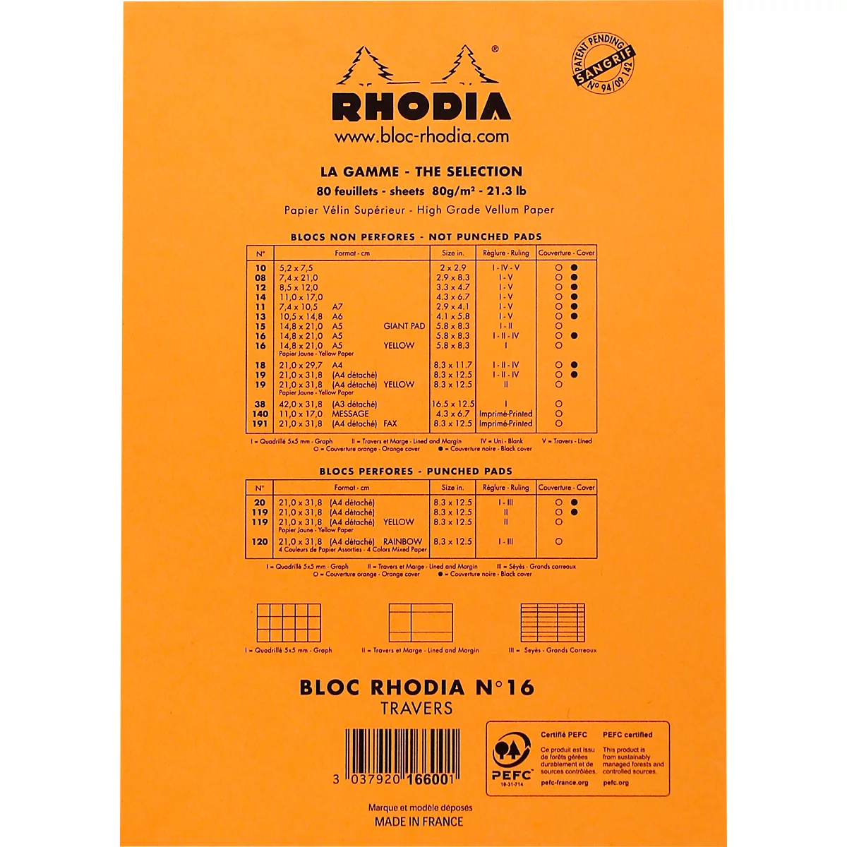 Rhodia Notizblock No.16, DIN A5, 80 Blätter, geheftet, Kartonrücken, 80 g/m², liniert, mit Rand, orange