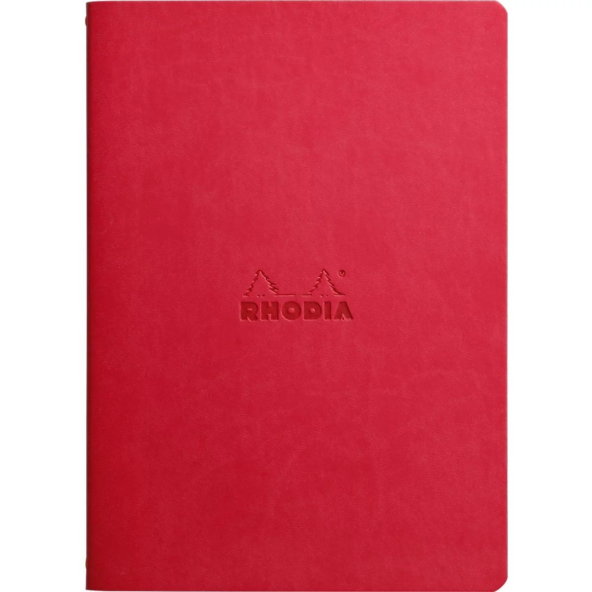 Rotes Notizbuch mit dem geprägten Logo „RHODIA“.