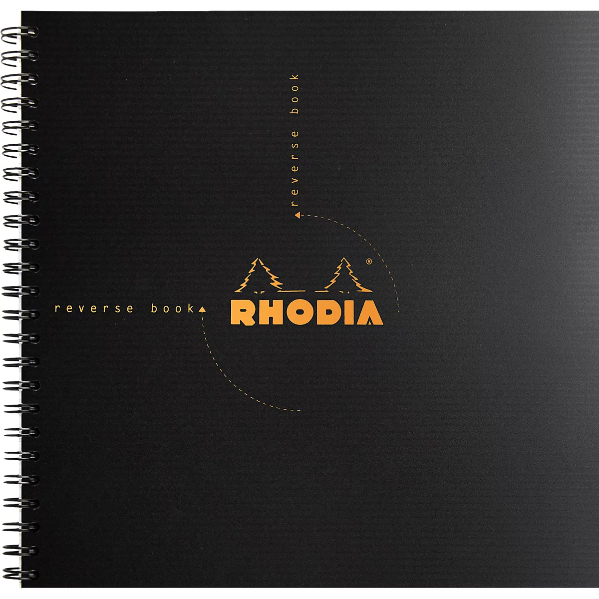 Schwarzes Spiralnotizbuch mit orangefarbenem Rhodia-Logo und Schriftzug.