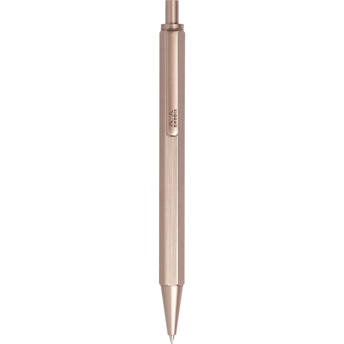 Ein Stift aus Metall, in Roségold-Optik. Auf dem Stift ist ein Logo zu sehen.