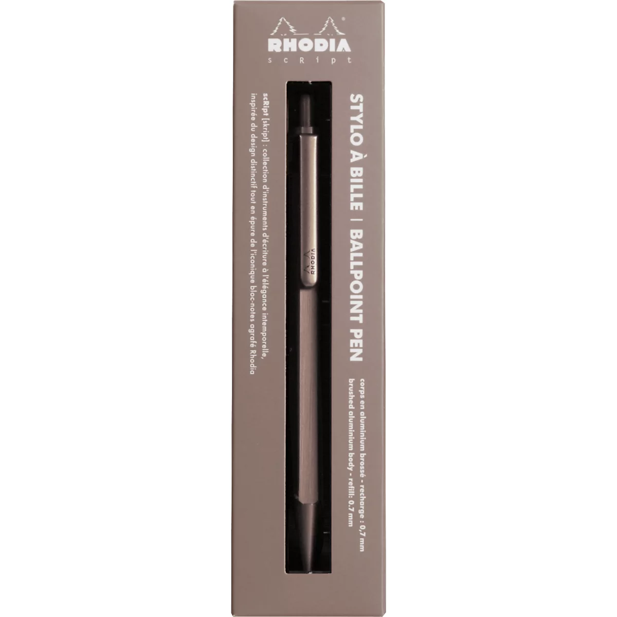 Stift in grauer Verpackung mit Aufschrift "RHODIA".