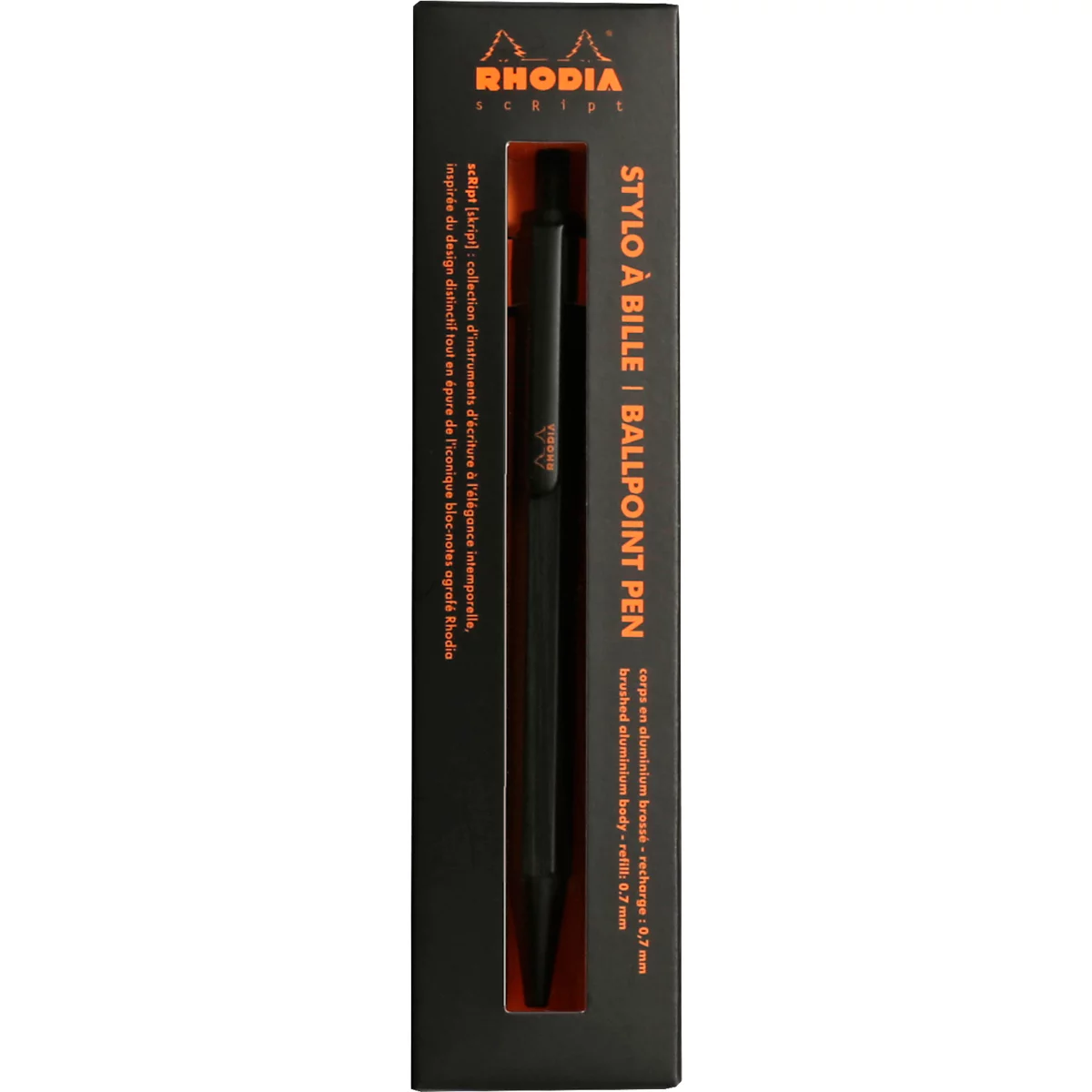 Schwarzer Kugelschreiber in schwarzer Schachtel. Aufdruck: Rhodia, Stylo à Bille Ballpoint Pen.