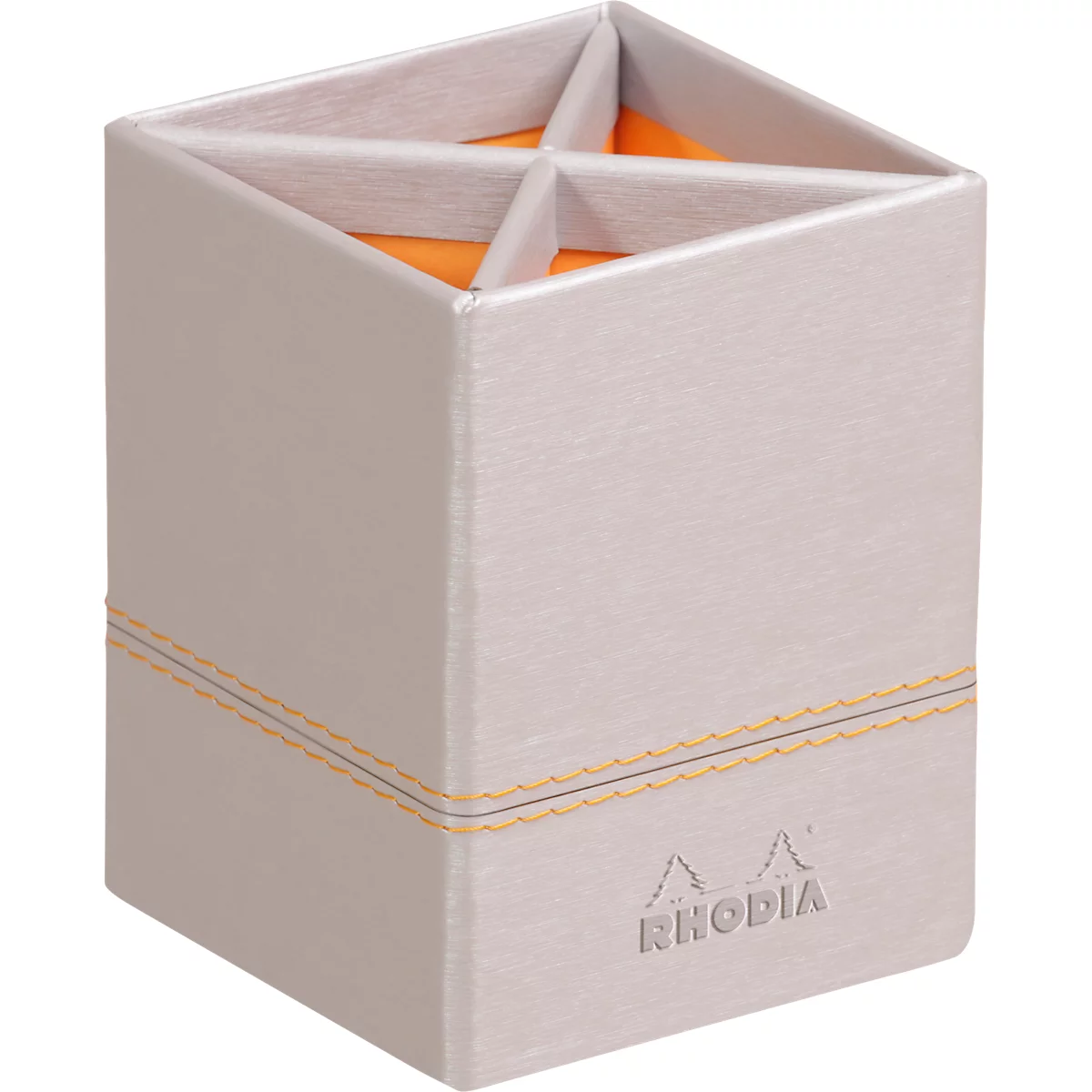 Rhodia Stifteköcher, Kunstleder, 4 Fächer, 80 × 80 × 110 mm, silber