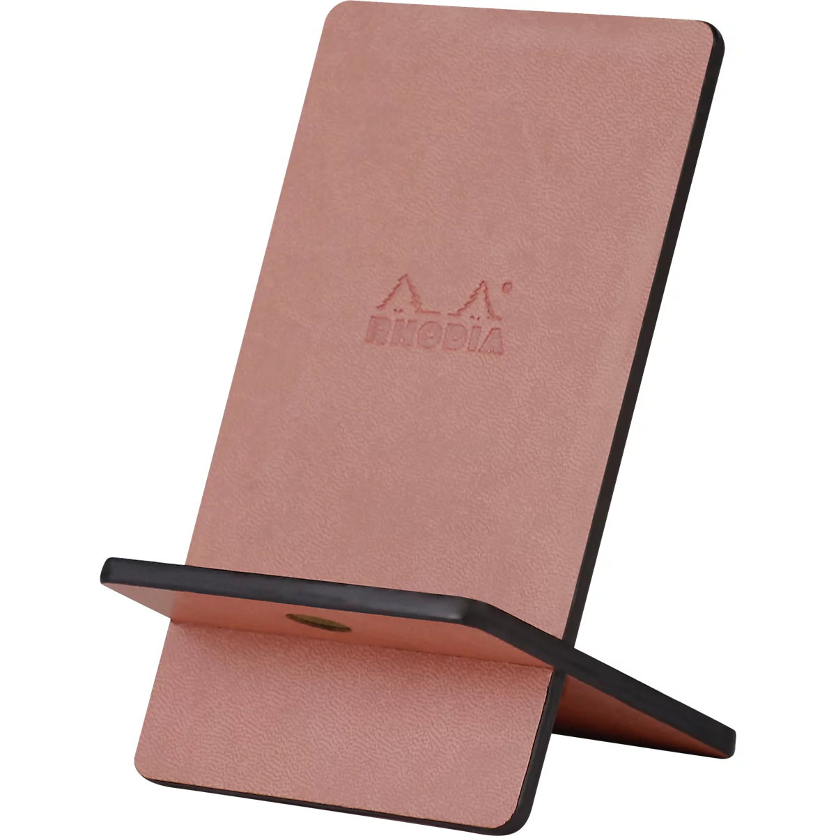 A pink Rhodia notebook stand.