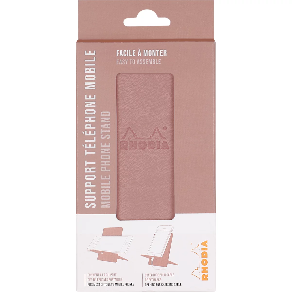 Product packaging for a mobile phone stand, light brown with white lettering and logo.