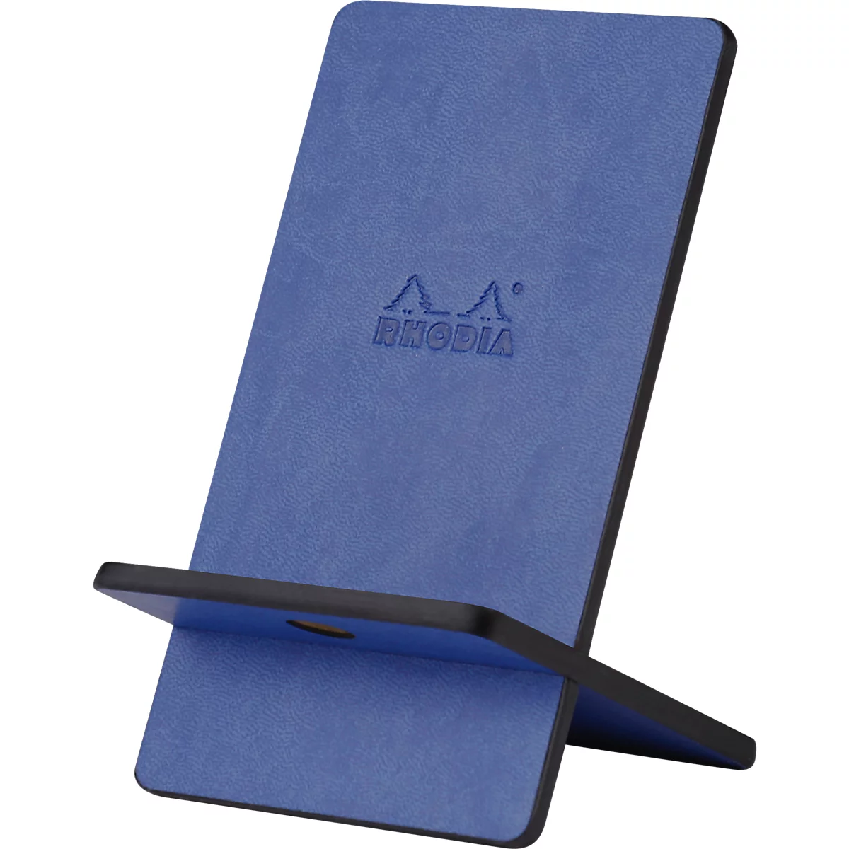 Blue leather phone stand, Rhodia brand, stands at an angle.