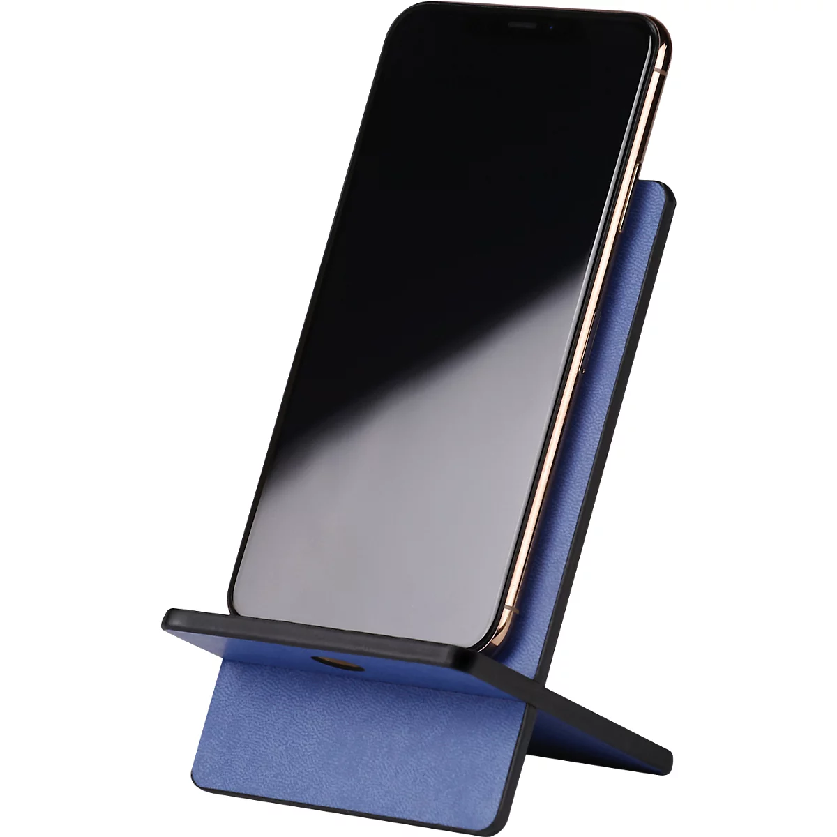 Smartphone on a blue, foldable stand, set against a white background.