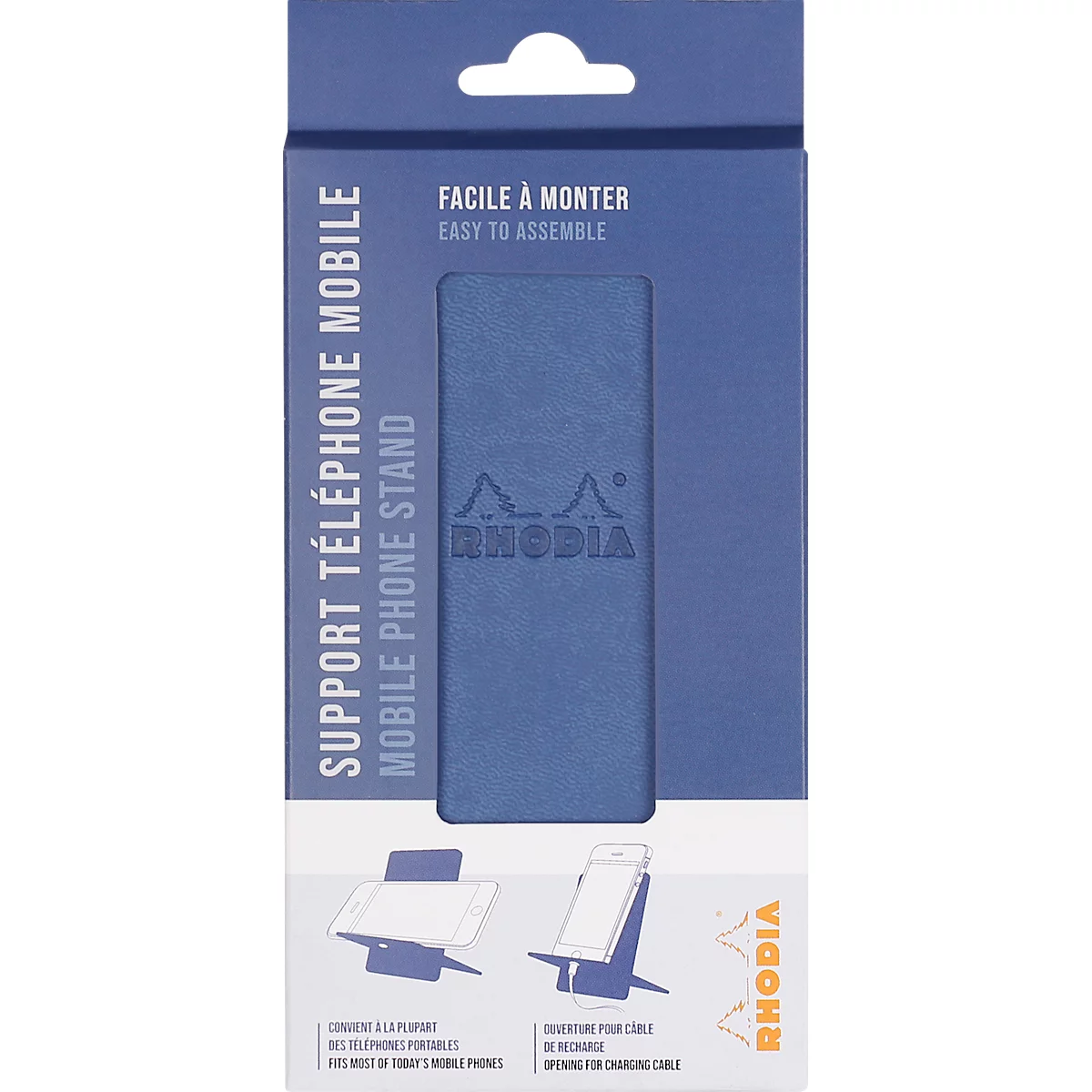 Blue product packaging for a mobile phone stand, with white text. Rhodia logo and product illustrations.