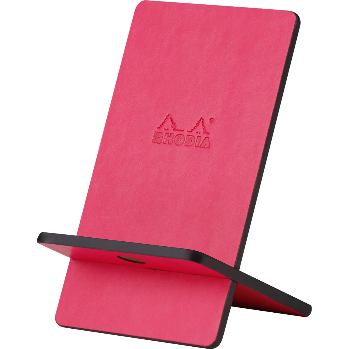 A pink tablet stand with a black frame. The word "RHODIA" is in red at the top.