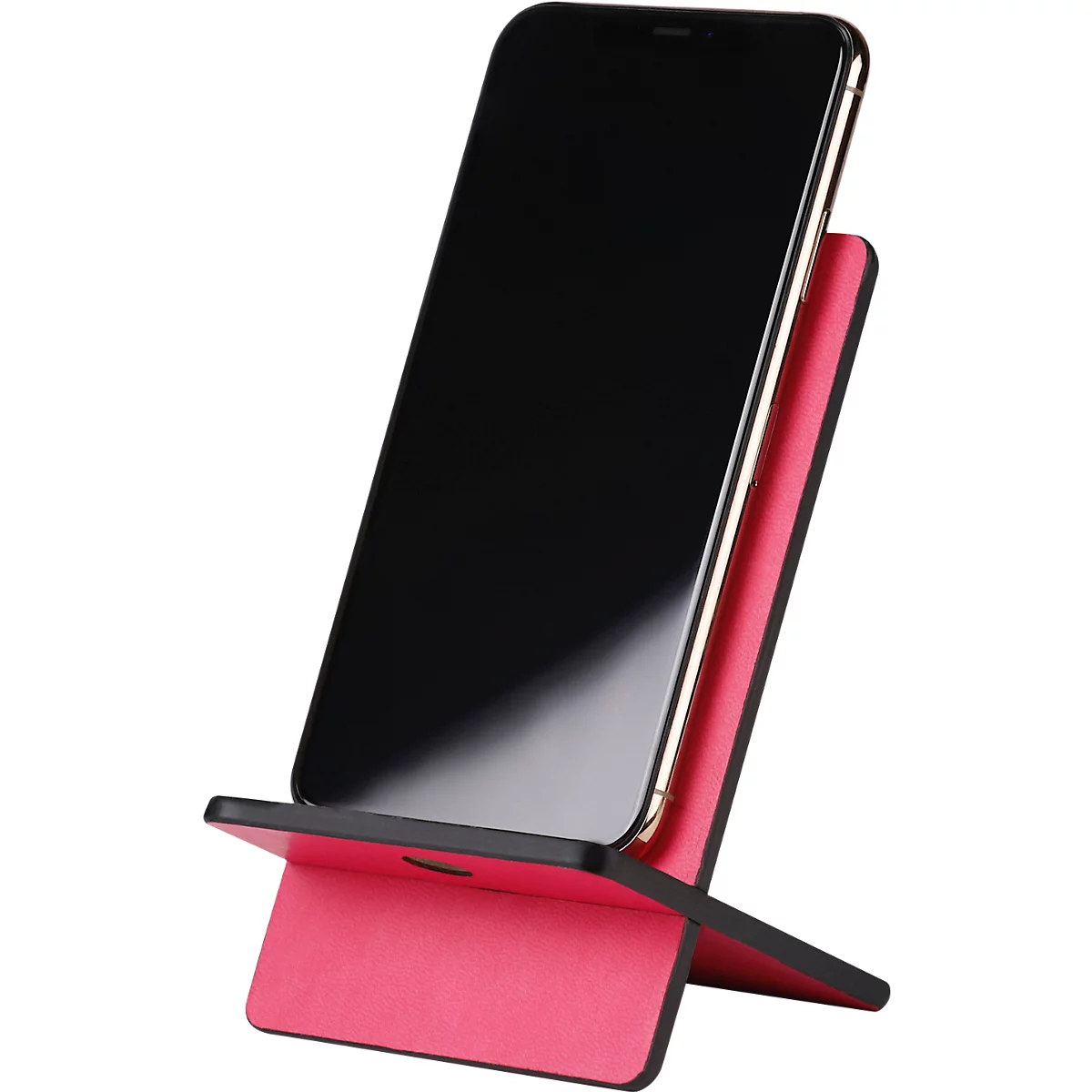 A smartphone in a pink phone holder. The phone's screen is black.