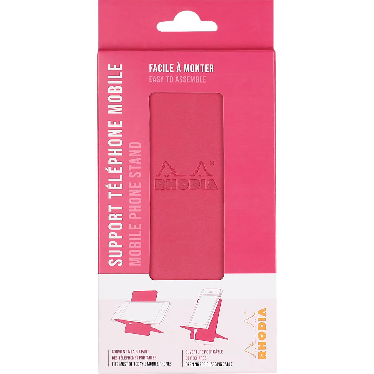 Pink mobile phone stand in packaging with print. The packaging has text: RHODIA, Support Téléphone Mobile, Easy to assemble.