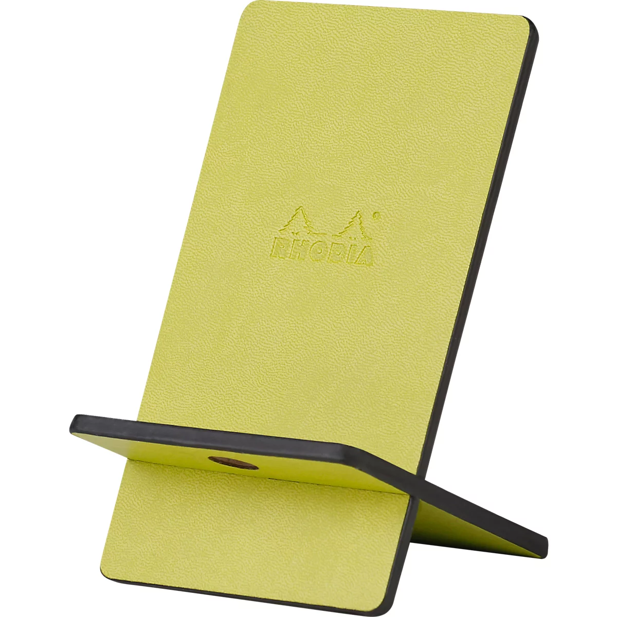 Yellow and black phone stand with "RHODIA" written on it.