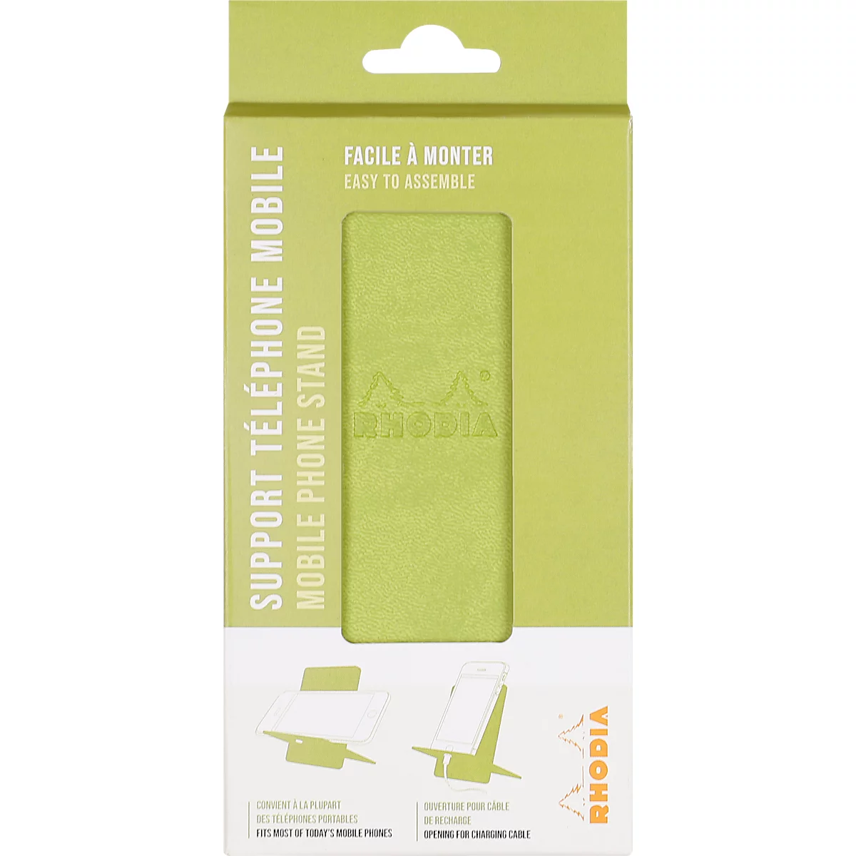 Green mobile phone stand in packaging, with the text "SUPPORT TÉLÉPHONE MOBILE".