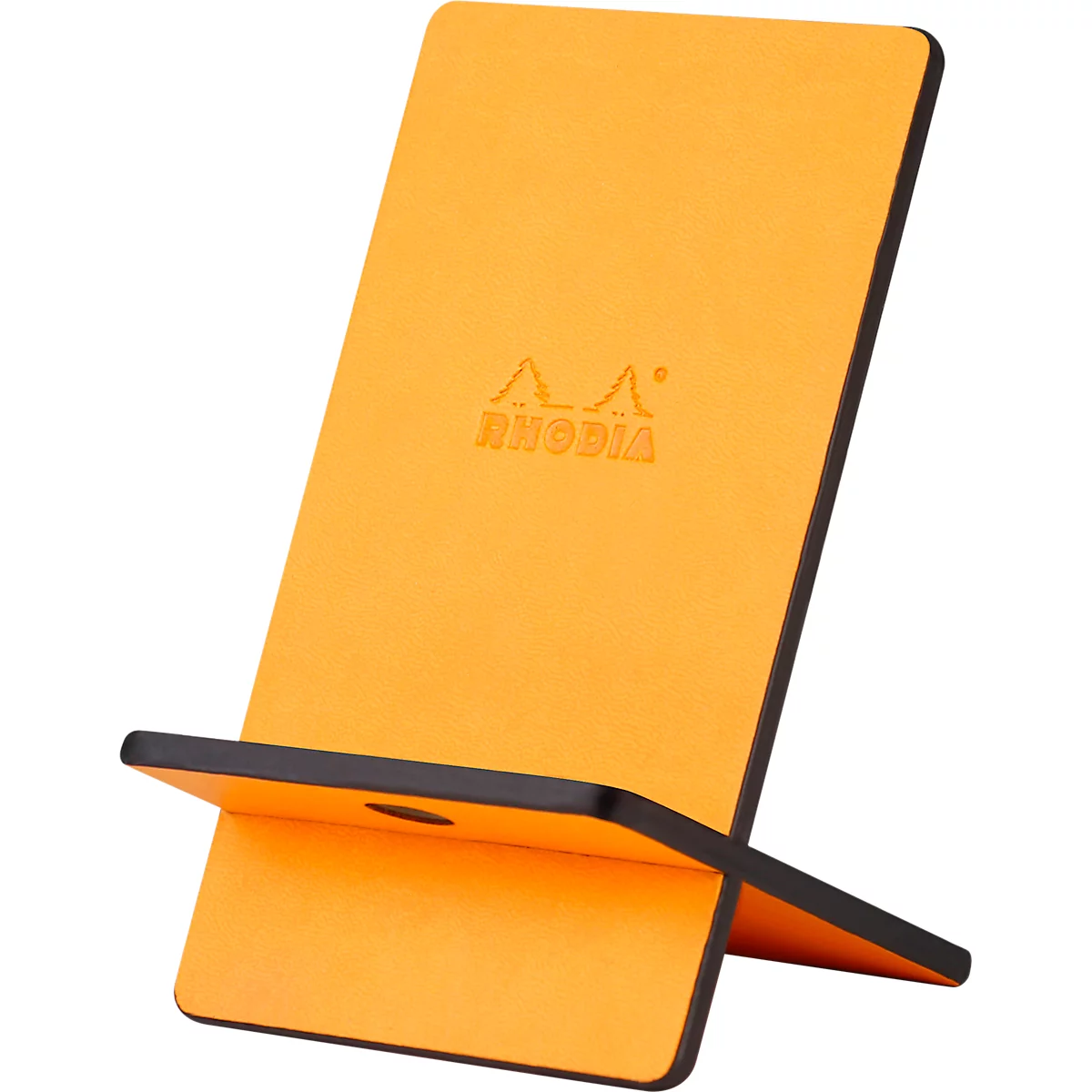 Orange Rhodia phone stand. The Rhodia logo is visible on the stand in orange lettering. Black accents on the edges.