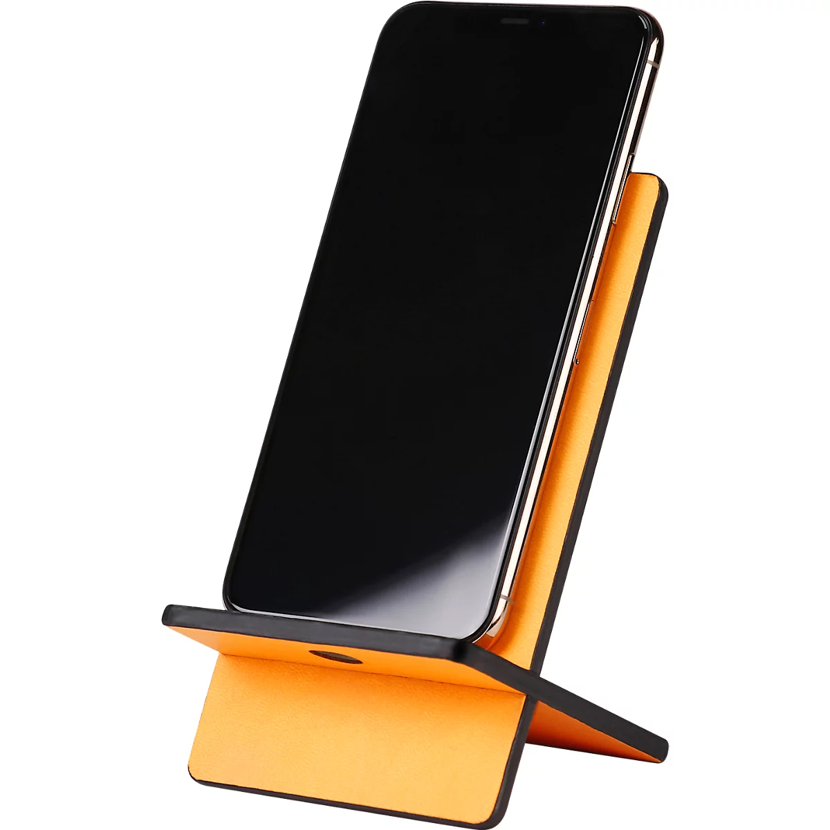 Smartphone in orange holder. Black screen, angled view.
