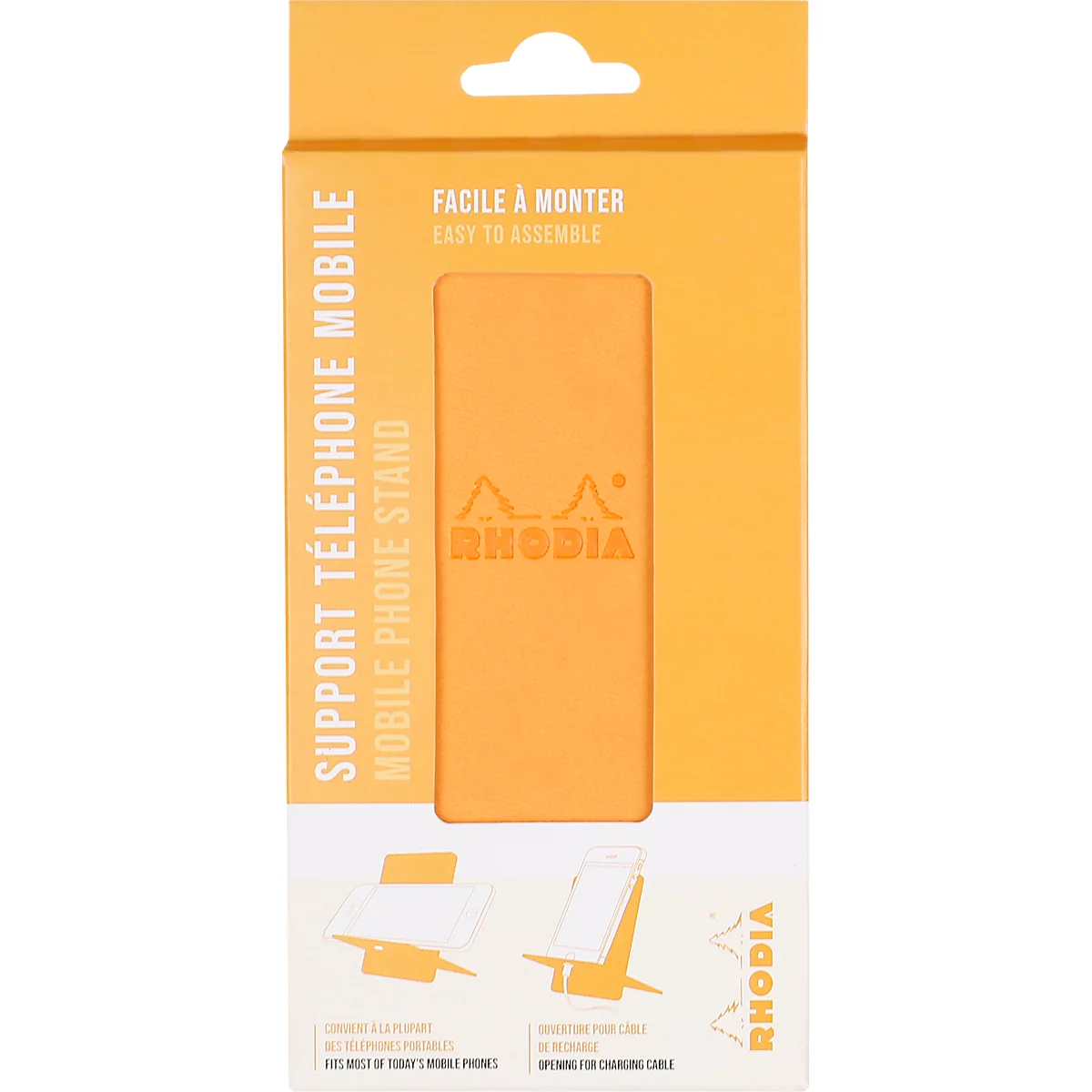 Orange mobile phone stand in cardboard packaging. Prints: Rhodia, Mobile Phone Stand, Easy to assemble.