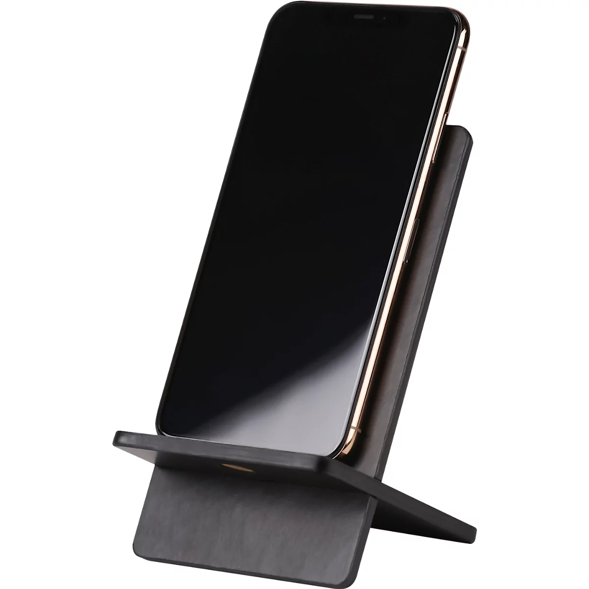 Smartphone on a dark wooden stand. The display is black, the trim is gold.