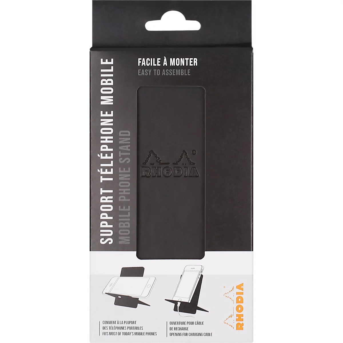 Black phone stand packaging. Text: “Support téléphone mobile” and “Easy to assemble.” Below, two phone stand illustrations are featured.