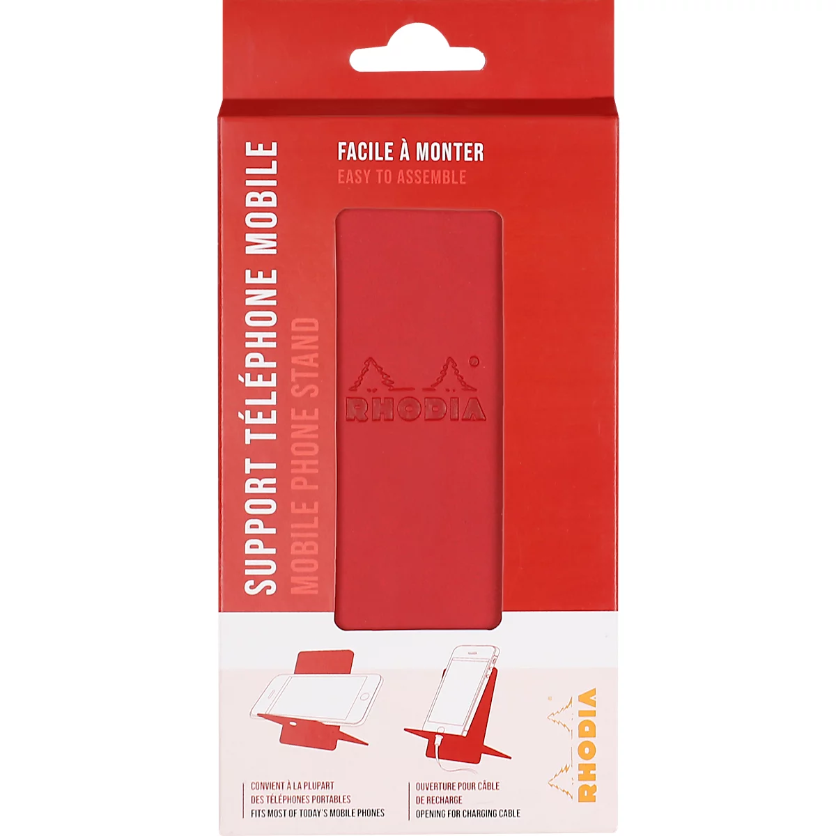 Red packaging for a mobile phone stand. The packaging says "Support Téléphone Mobile" and "Mobile Phone Stand" and shows example images.