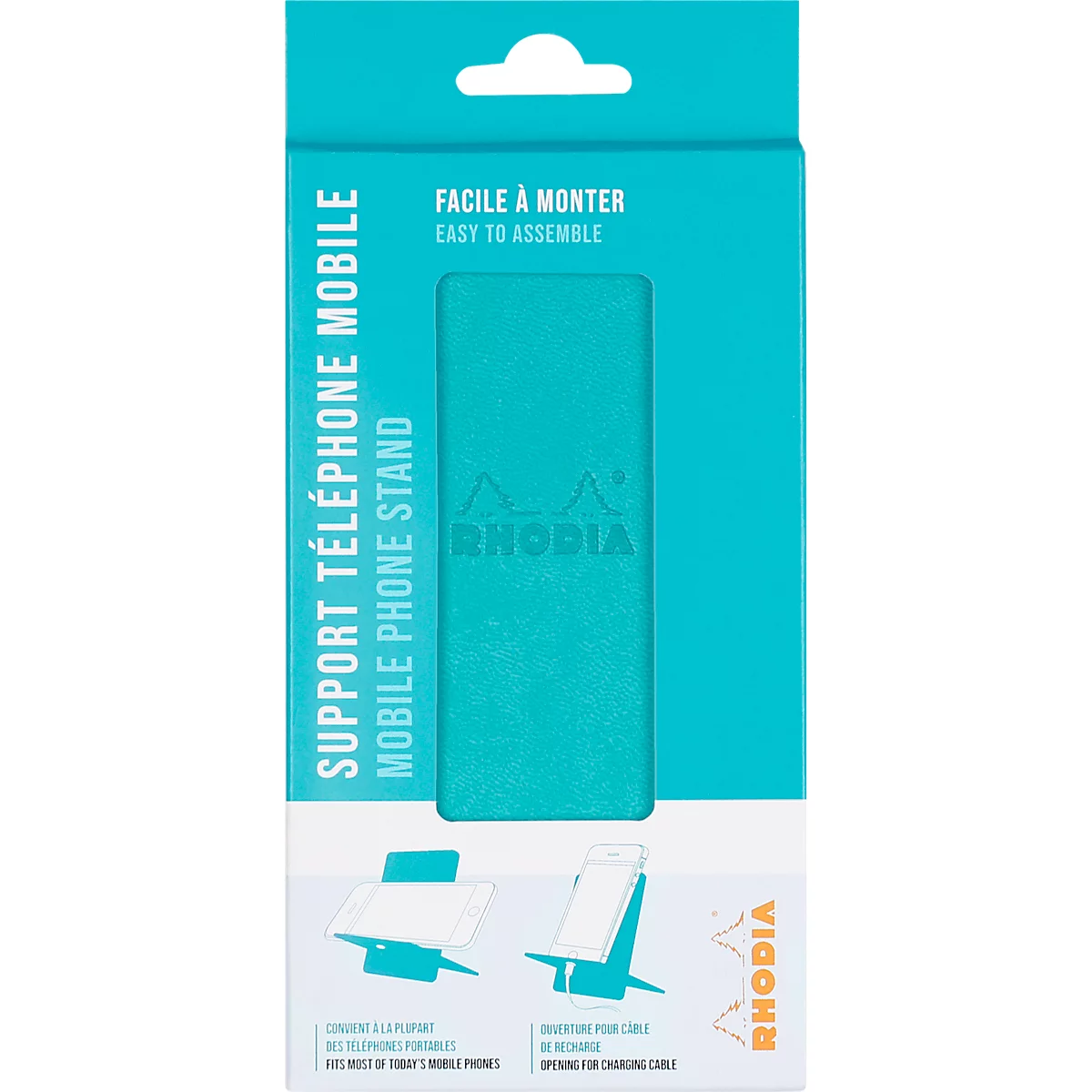 Rhodiarama support de téléphone, support pour smartphone, similicuir, en 2 parties, avec passage de câble, turquoise