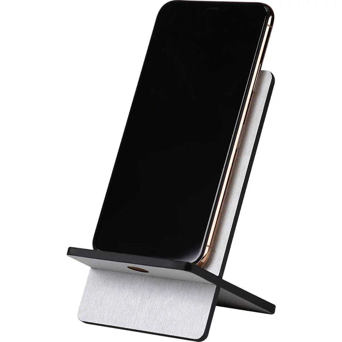 Rhodiarama Telefonstütze, Smartphone-Halterung, Kunstleder, 2-teilig, mit Kabeldurchführung, silber