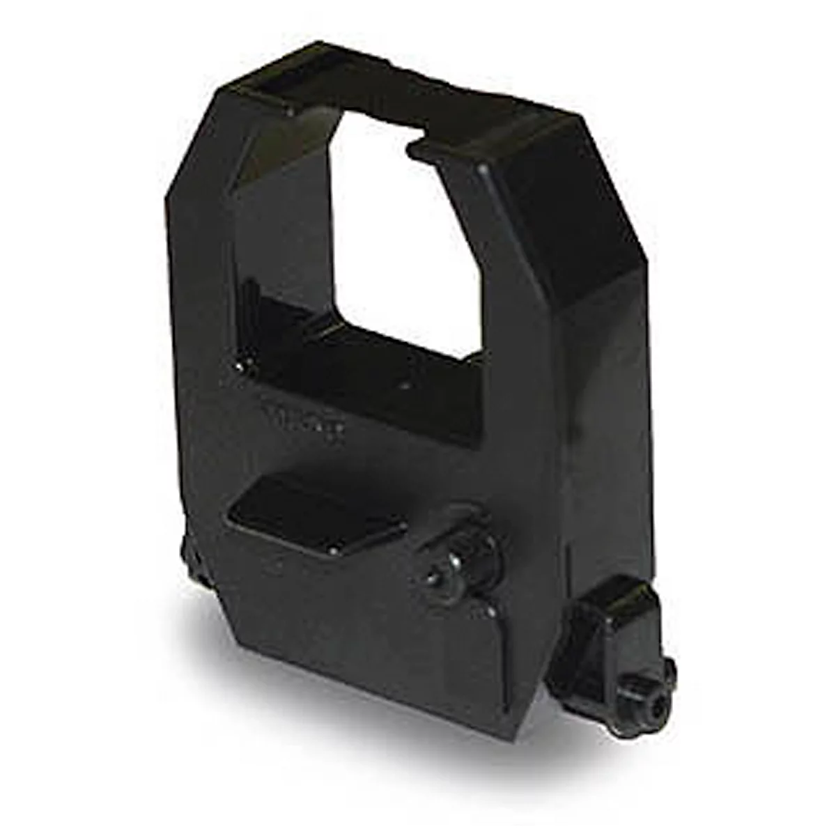 Black ink ribbon cartridge for typewriter or printer. Angular shape, detailed structure.