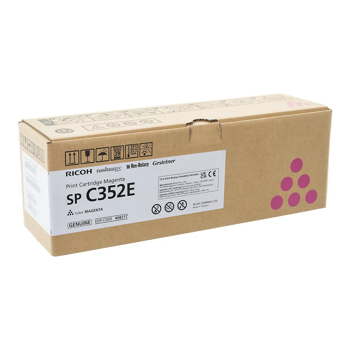 Eine rechteckige Kartonverpackung mit der Aufschrift "RICOH Print Cartridge Magenta SP C352E". Aufdrucke, Logos und Symbole auf der Verpackung.