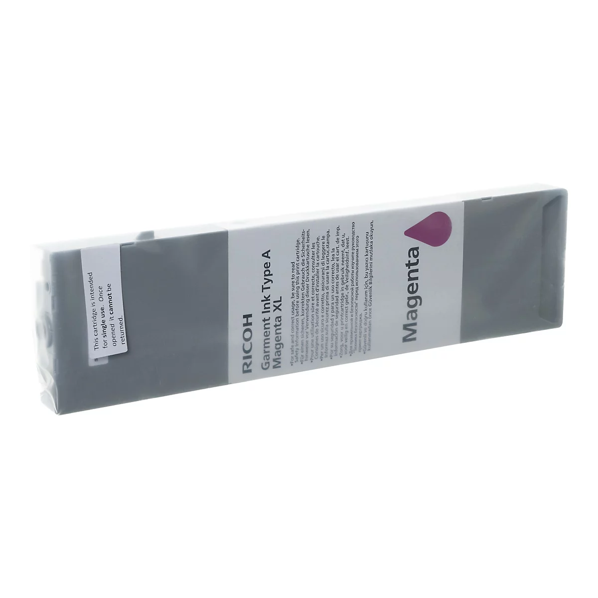 Eine Magenta-Tintenpatrone, verpackt. Aufschrift: Ricoh Garment Ink Type A Magenta XL.