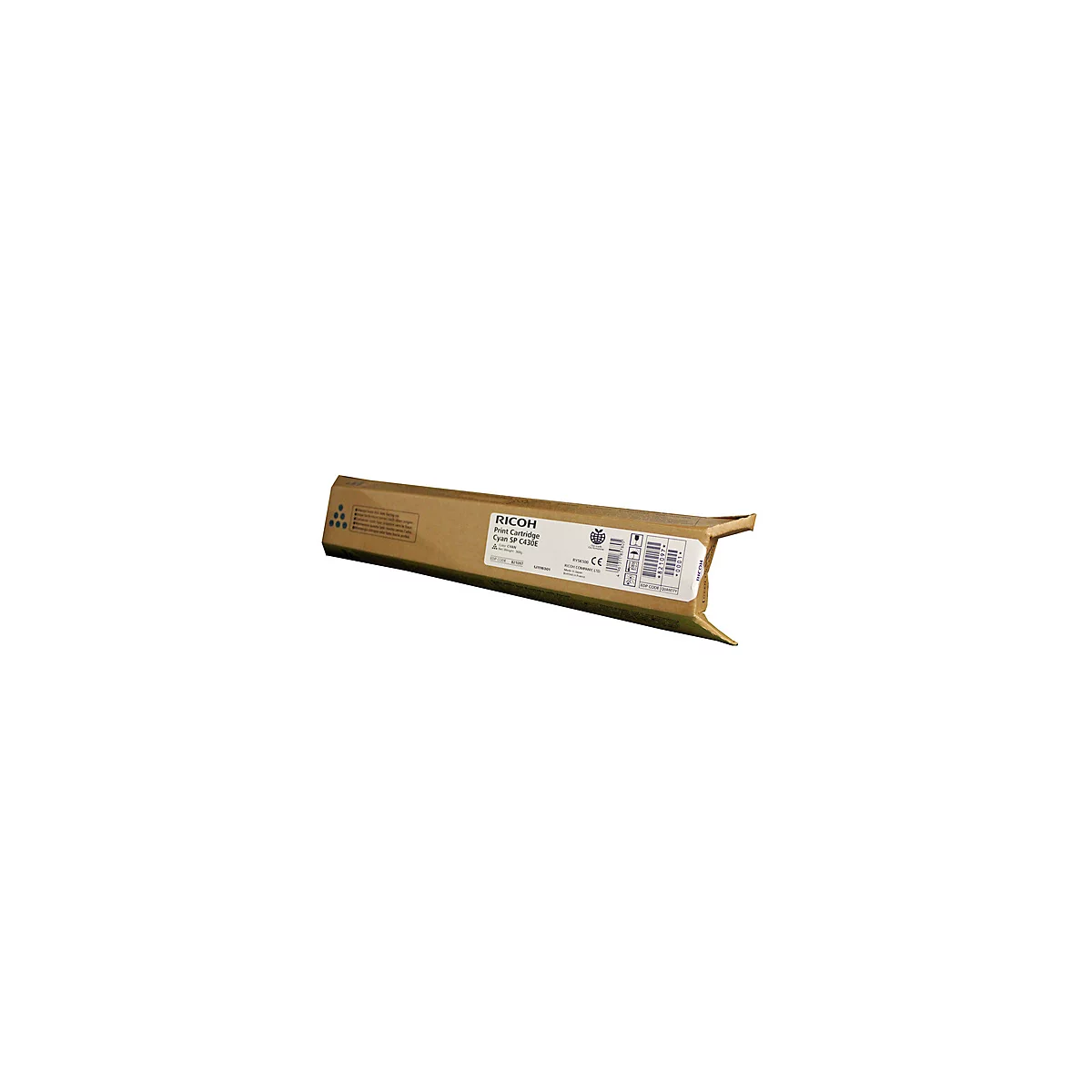 Eine RICOH-Druckerpatrone, brauner Karton mit Text: "Cyan SP C430E".