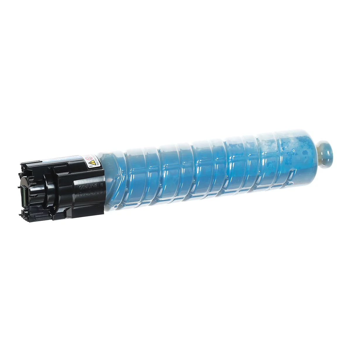Ein blauer Toner für einen Drucker. Er ist länglich, mit einem schwarzen Anschluss und einem blau transparenten Behälter. Der Toner liegt vor weißem Hintergrund.