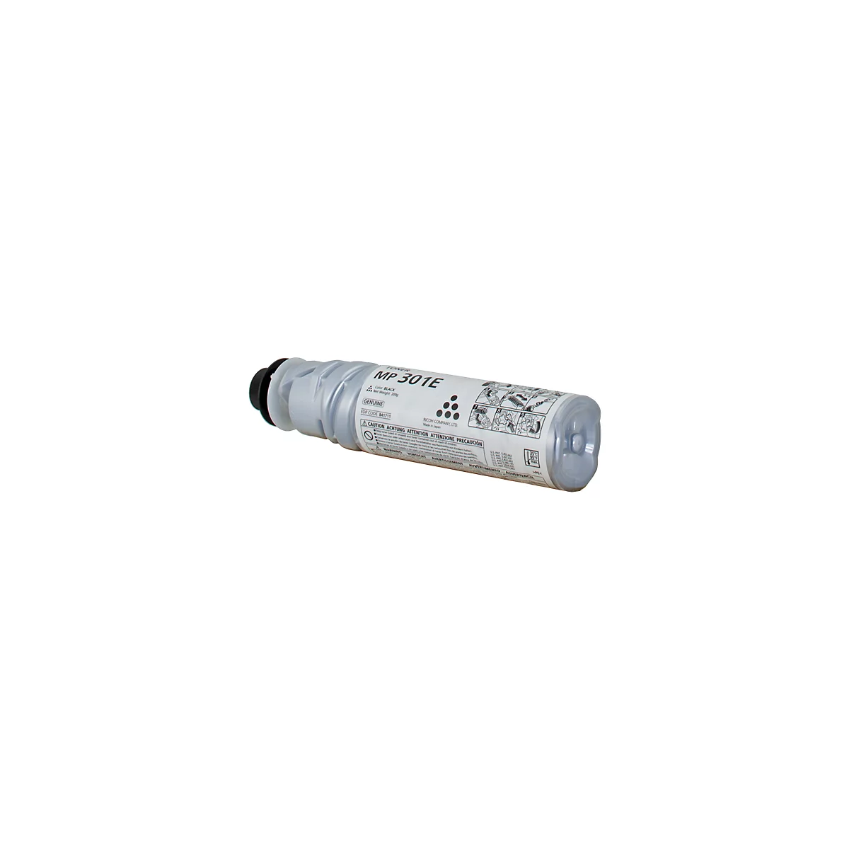 Schwarze Tonerkartusche, MP 301E, mit Warnhinweisen und Produktinformationen.