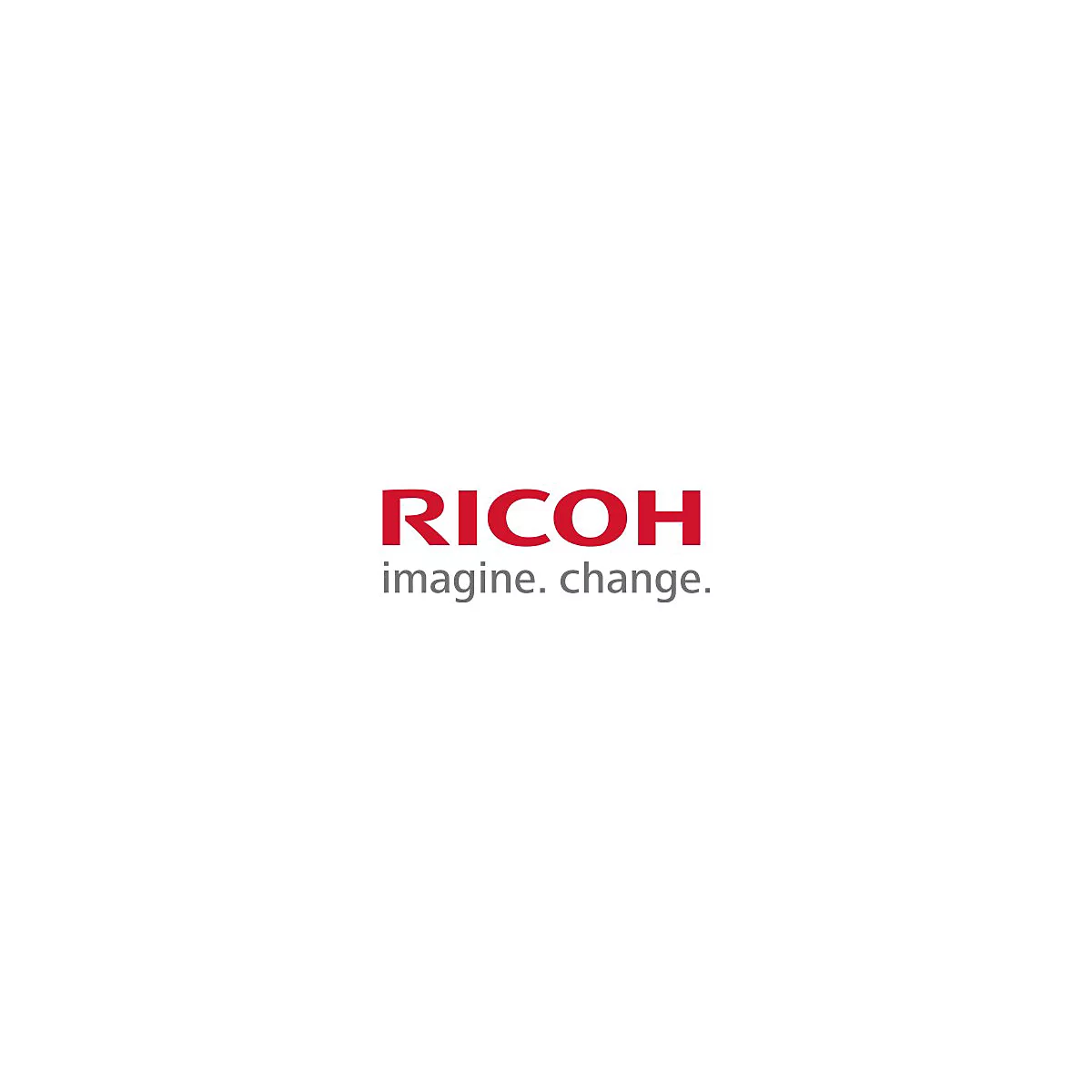 Das rote Firmenlogo von Ricoh mit dem Slogan imagine. change. in grauer Schrift darunter.
