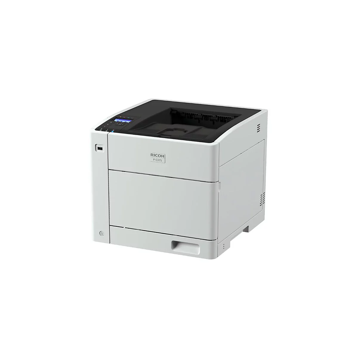 Ein weißer Drucker der Marke Ricoh P C375 vor neutralem Hintergrund. Auf der Oberseite befindet sich ein schwarzer Bereich mit Bedienelementen.
