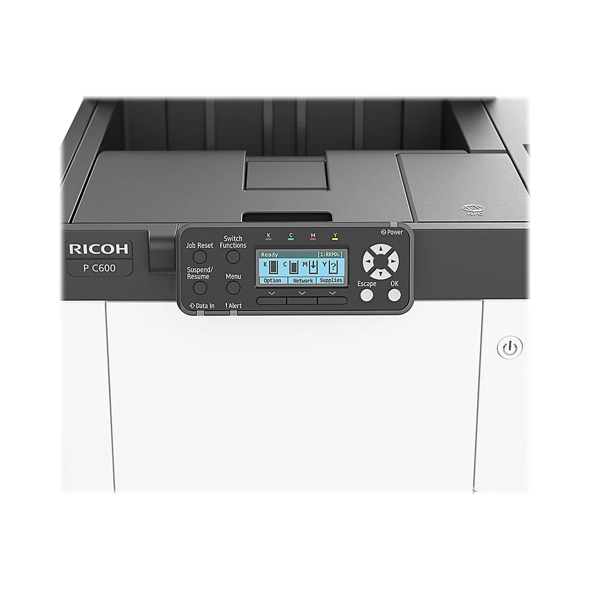 Nahaufnahme eines Ricoh P C600-Druckers mit Bedienfeld und Ein/Aus-Schalter.