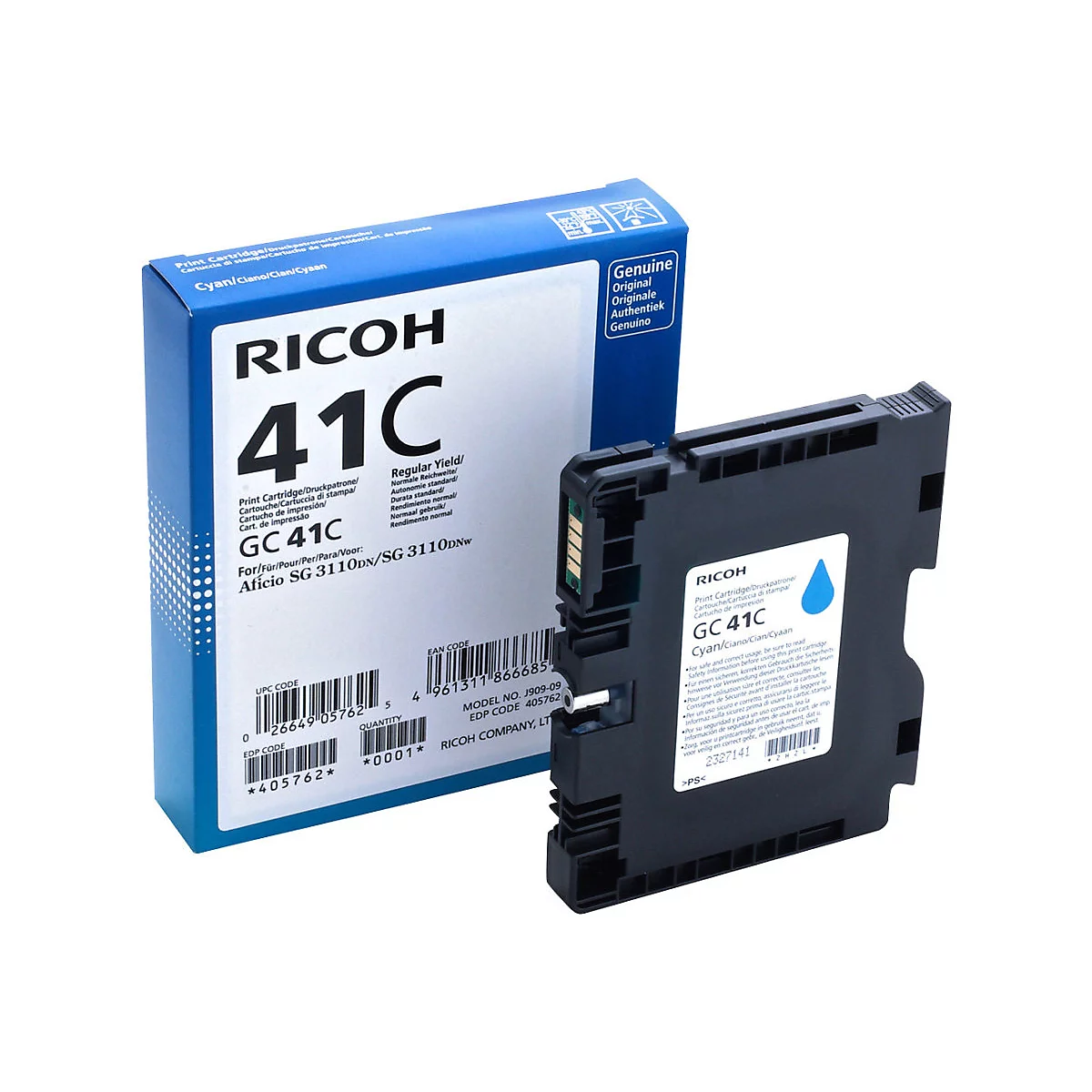 Ein Cyanfarbener Druckerpatronen-Kartusche mit der Aufschrift „RICOH 41C“ neben der Produktverpackung, die ebenfalls diese Informationen trägt.