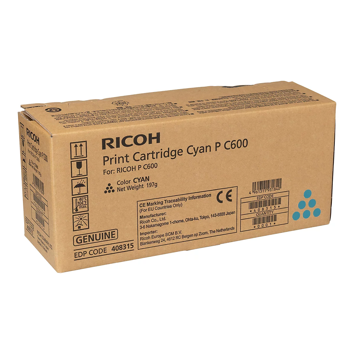 Karton mit Aufdruck: RICOH, Print Cartridge Cyan P C600, Farbe Cyan, Gewicht 197g. Echtheitssiegel.