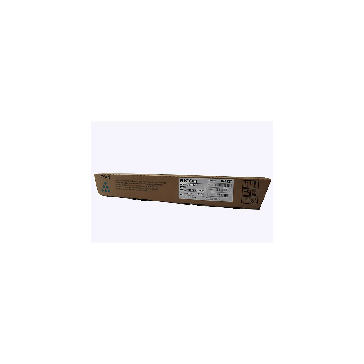 Karton einer Cyan-Druckpatrone von Ricoh. Aufdrucke mit Produktinformationen und Logo.