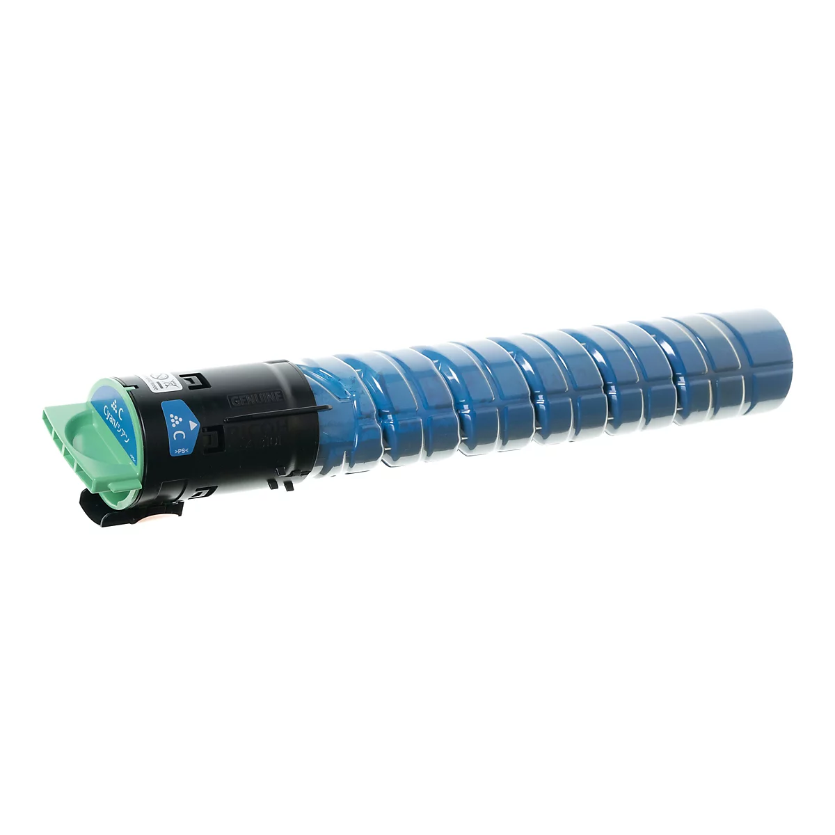 Blau-schwarze Tonerkartusche, Text: 'Cyan', 'Ricoh'.
