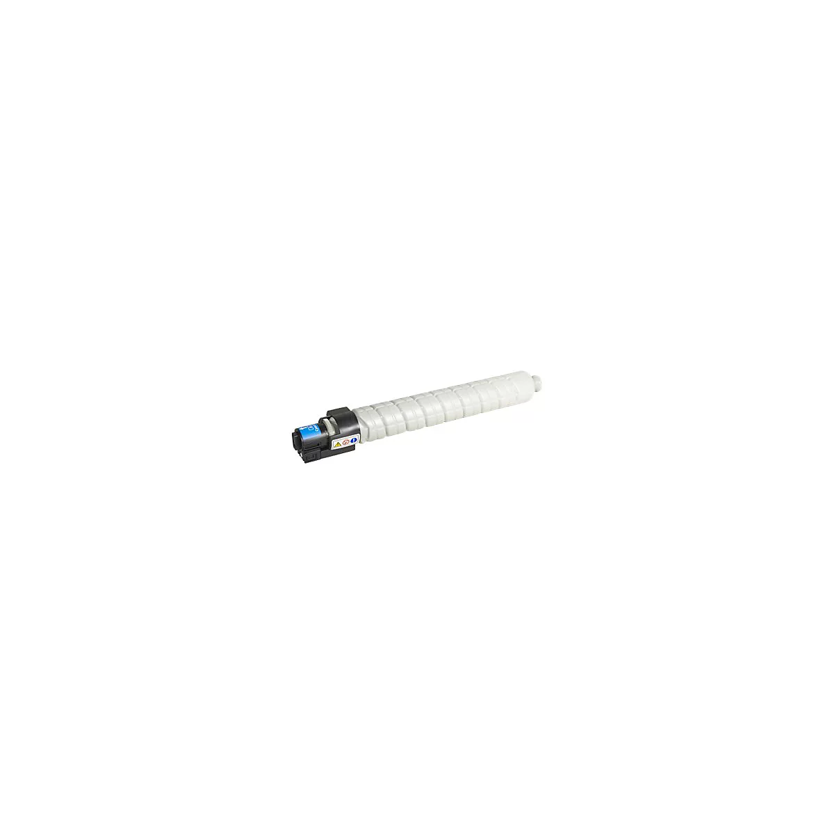 Ein grauer Drucker Toner auf weißem Hintergrund. Schwarzer Stecker an einem Ende.